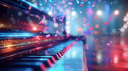 Grand piano keyboard music notes bokeh lights background entertainment musical instrument concert jazz classical music performance sound melody harmony