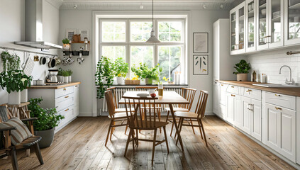 Modern White Kitchen with Wooden Dining Table and Chairs.