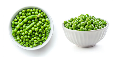 Green peas in a white bowl bundle, side and top view, isolated on a white background