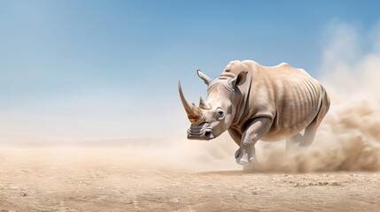 Fototapeta premium Mighty rhinoceros charging through dusty plains.