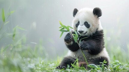Naklejka premium Giant panda munching on bamboo in misty forest.