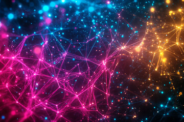 Obraz premium Neon-colored data visualization with connected nodes neon-colored