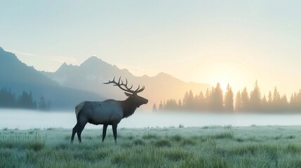 Majestic elk bugling in misty mountain meadow.