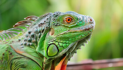 Obraz premium Iguana face. Green color body and red eyes. Animal and zoo. Exotic creature. Natural backdrop.