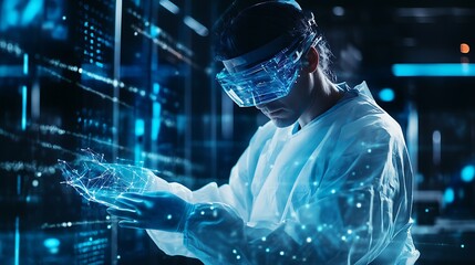 Scientist in Protective Gear Interacting with Digital Data