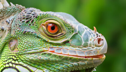 Fototapeta premium Iguana face. Green color body and red eyes. Animal and zoo. Exotic creature. Natural backdrop.
