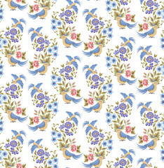 Seamless spring wallpaper, floral pattern on white background with blue bird