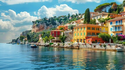 Idyllic seaside town with bright buildings and sea view.