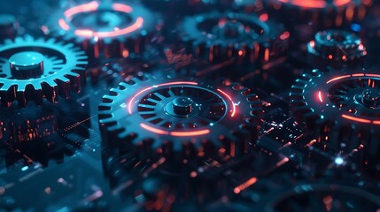 A close-up shot of intricate metal gears with red neon lights, creating a futuristic and technological aesthetic.