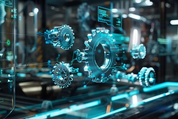 A close-up shot of gears and lines representing data flow and connectivity in a digital industrial setting.