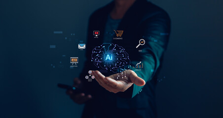 Al,artificial intelligence Or technology smart robot Al concept. businessman demonstrates use of AI...