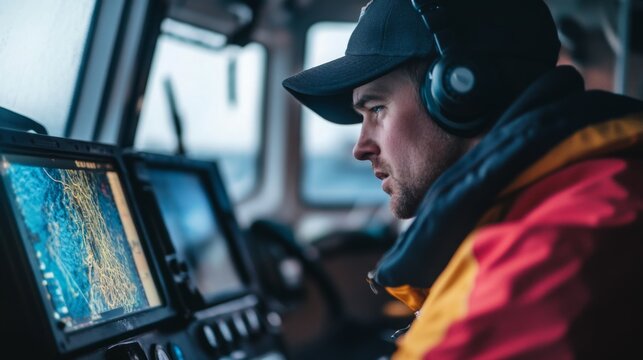 A focused navigator studies navigation charts and instruments while piloting a vessel on a cloudy morning.