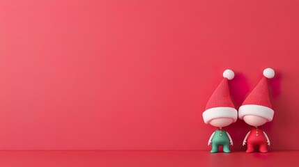 Christmas elves working hard, red background.