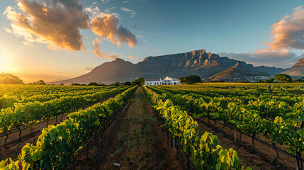 Fototapeta premium Vineyard Sunset with Mountain View.