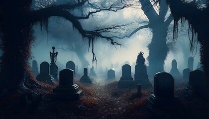 Overgrown Cemetery, with weathered tombstones and crypts 