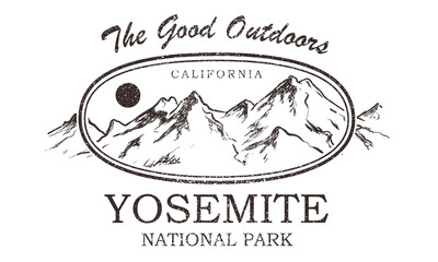 Yosemite mountain. Explore the great outdoors, vector mountain with sunset. Vintage mountain graphic artwork for t shirt. Hill peak adventure vintage print design. Life is good. Adventure is calling.