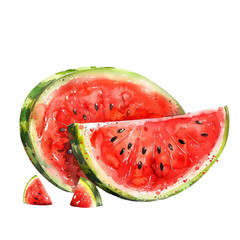 Red Watermelon in Watercolor Drawing Isolated on Transparent or White Background, PNG