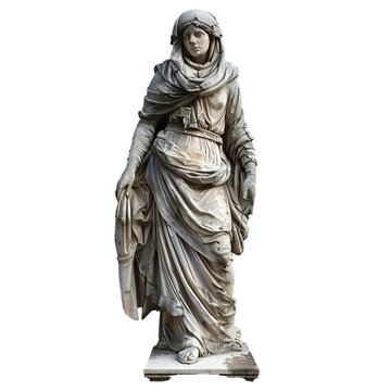 Ancient roman marble statue of a noble woman standing, wearing a traditional stola and palla, isolated on a white background