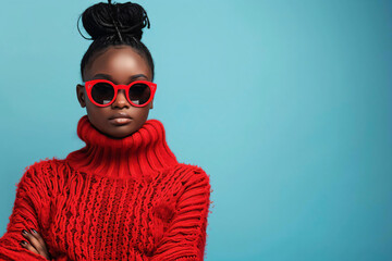 Fashionable Woman in Red Sweater and Sunglasses.