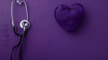 Stethoscope and fabric heart on a solid purple background in a medical-themed banner design