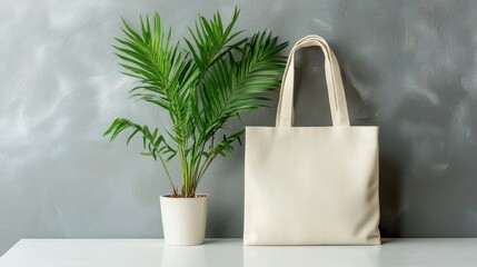 Blank canvas tote bag mockup, Green plant on white table