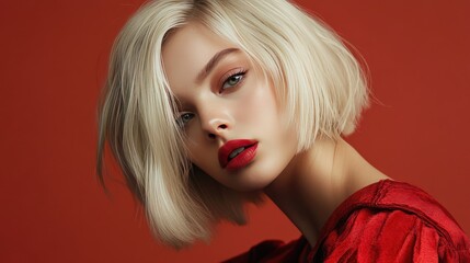 Fototapeta premium Fashionable model with a chic blonde bob hairstyle, showcasing beauty and cosmetic trends in a high-fashion photo shoot