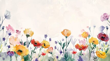 Field of vibrant flowers painted in a watercolor style