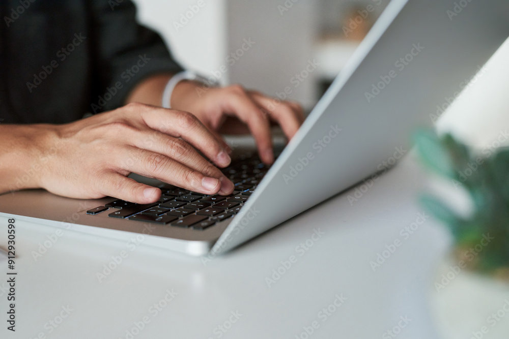 Poster hands, business and person with laptop, typing and keyboard with internet, connection and feedback. 