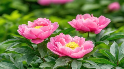 The vibrant pink of peony flowers in a garden, highlighted against a backdrop of green leaves.