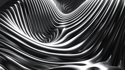 Abstract black background smooth wavy lines texture metallic reflection shiny surface modern minimalist 3d illustration