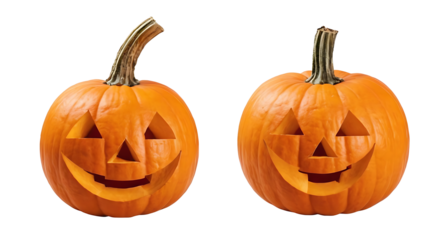 Two carved pumpkins with classic jack-o'-lantern faces, one smiling and one with a slightly mischievous grin. Transparent PNG for easy use. Ideal for Halloween decorations, party invitations, or autum