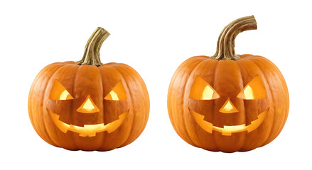  Two glowing jack-o'-lanterns with carved faces on a white background. Transparent PNG for versatile use. Perfect for Halloween, fall festivals, or spooky designs.