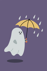 Cute Ghost with Umbrella. Halloween illustration. Spooky season. Rainy Weather.