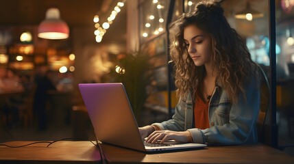 female student using laptop in library