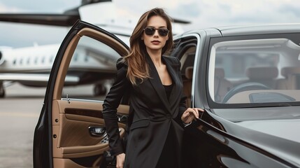 Elegant woman in black suit by luxury car and jet