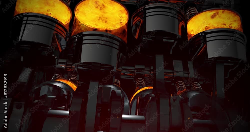 Leinwandbilder Rotating 3D V8 Engine From Low Angle. Explosions Inside Of Combustion Chamber. Industry Related High Quality 3D 4K Animation.