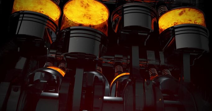 Rotating 3D V8 Engine From Low Angle. Explosions Inside Of Combustion Chamber. Industry Related High Quality 3D 4K Animation.