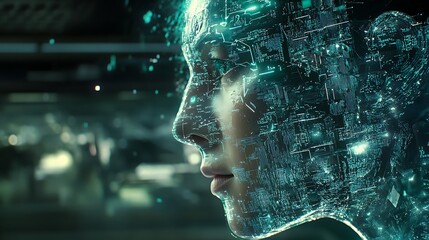 Digital Portrait of a Woman with Circuitry Overlaying Her Face