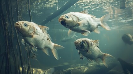 Mutated fish swimming in a contaminated pond, Nuclear radiation effects, altered ecosystem