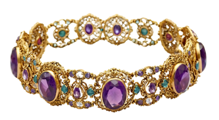 An antique gold necklace with large amethysts surrounded by smaller emeralds and diamonds. Intricate filigree work adds to its elegance. Transparent PNG for versatile use. Perfect for historical, jewe