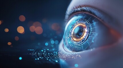 Close-up of a futuristic eye with digital interface.