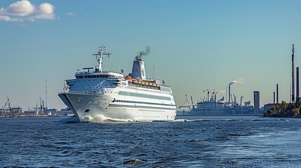 White cruise ship departing from an industrial port.