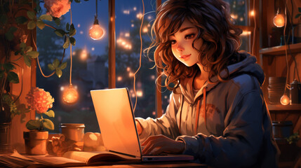 Cute Anime Girl Studying in Room