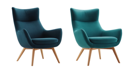 Two elegant high-back armchairs with wooden legs, upholstered in plush velvet fabric. One chair is a deep teal, the other a lighter teal. Transparent PNG for versatile use. Perfect for interior design