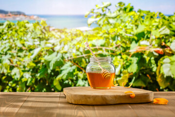 Honey in jar on outdoor wooden table with green vineyard background. Copy space.