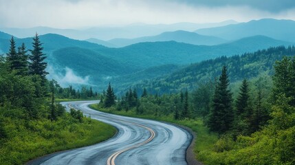 Serene Mountain Drive Through Misty Pine Forests on a Curvy Road