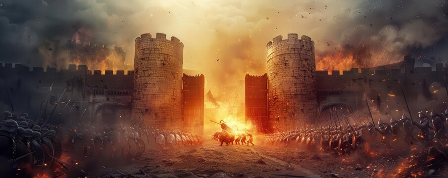 Epic battle scene at a fortified castle under siege, with flames and warriors, capturing the intensity of medieval conflict.