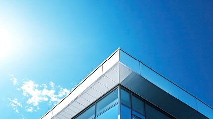 Modern roof with sharp angles and a bright, cloudless sky