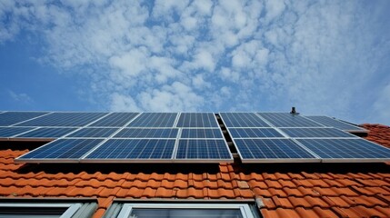 Modern roof with solar panels under a clear, sunny sky