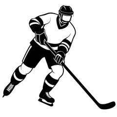 Hockey player on ice with stick, white and blue vector